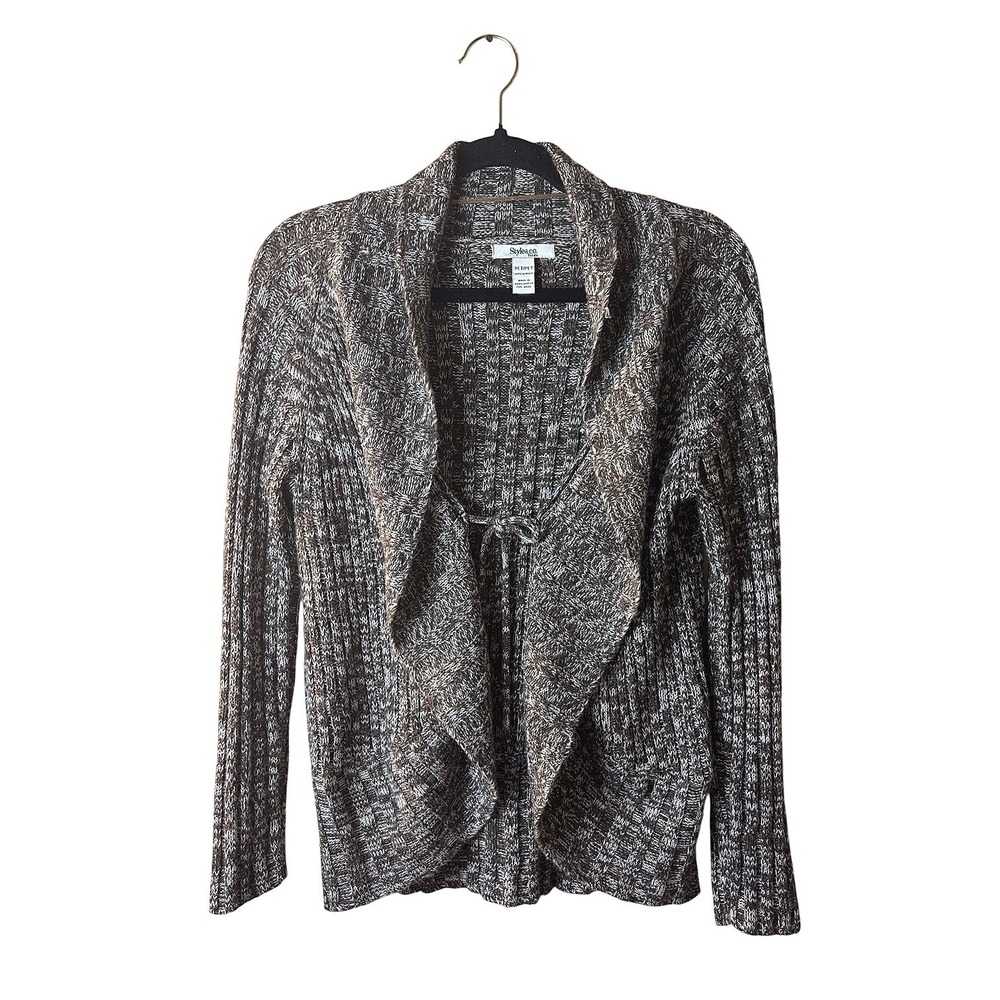 Womens Petite Style & Co‎ Cardigan Sweater Brown Marled Knit Shawl Collar Tie